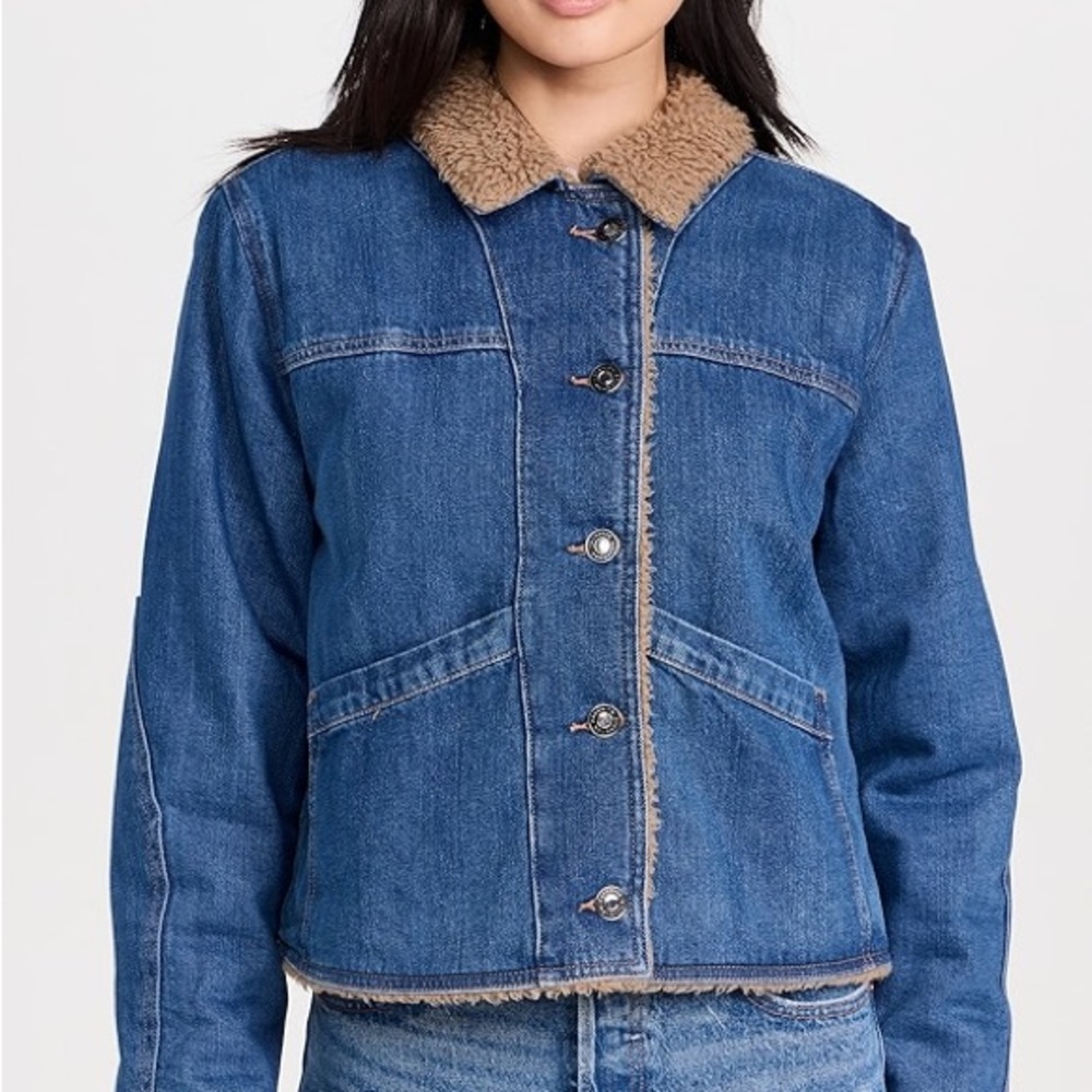 Favorite Daughter Blue Denim Jacket with Tan Sherpa Collar